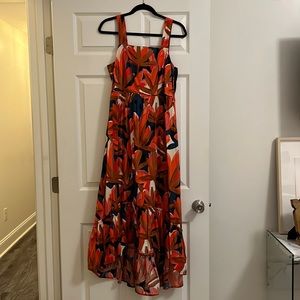 Orange and navy high/low midi dress with wide straps. Who What Wear size Medium